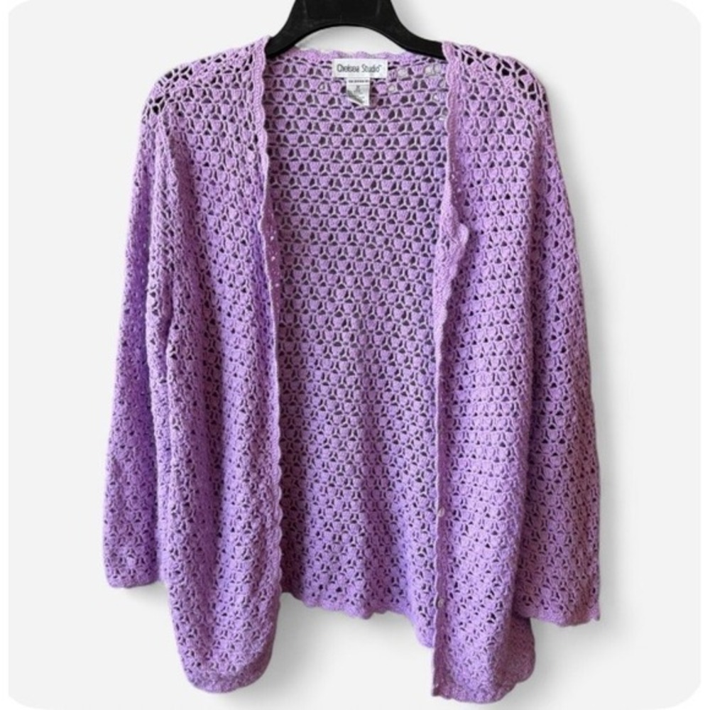 Chelsea Studio Grannycore Cottagecore Coastal Crochet Cardigan Purple‎ Medium